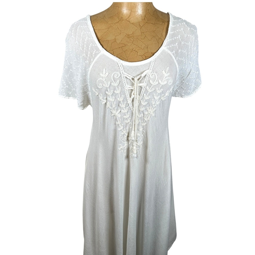 White Boho Embroidered Lace Up Short Sleeve Fairy Cottage Angelic Midi Dress